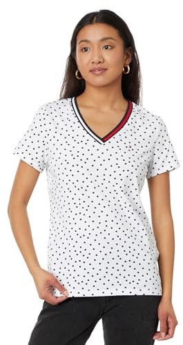 Tommy Hilfiger Camiseta con Cuello en V para Mujer, Bright White/Sky Captain, XS