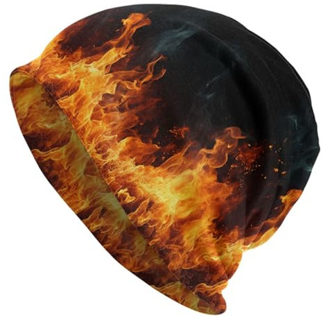 ZUHAOGO Skull Beanie Hüte Slouchy Winter Warm Chemo Caps Stretch Hip-Hop Knit Skull Cap Schlafmütze Kopfbedeckung für Männer Frauen, Rote Flamme Feuer, Einheitsgr��e