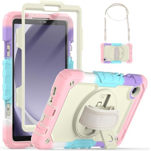 SEYMCY Kids Case for Samsung Galaxy Tab A9 8.7 inch 2023, Full Body Shockproof with Screen Protector, 360° Rotating Hand Strap & Stand, Shoulder Strap for Samsung A9 Tablet Case, Pink