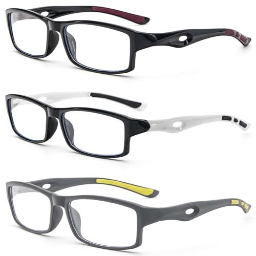 KoKoBin 3er pack Rechteck Lesebrille Sportliches Design TR90 flexible Anti-Blaulicht Lesehilfe Damen für Herren (3-Pack (schwarz weiß grau), 2.5, x)