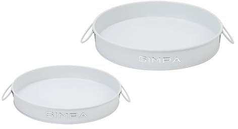 simpa Round 2PC Metal Colour Serving Trays Set with Handles, 30cm & 25cm Diameter Trays - Matt White