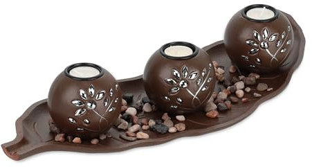 Relaxdays Porte-Bougies avec Plateau, 50,5 cm, Pierres décoratives, décoration de Table, Salon, bougeoir, Marron