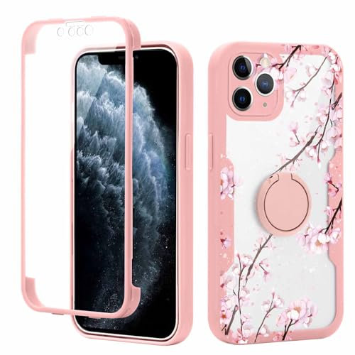 Yoedge Kickstand Phone Case for iPhone 11 Pro 5,8, 360°Rotatable Magnetic Ring Holder Cases, Full Body Shockproof Silicone TPU Back Cover with Built-in Screen Protector Case, Flower