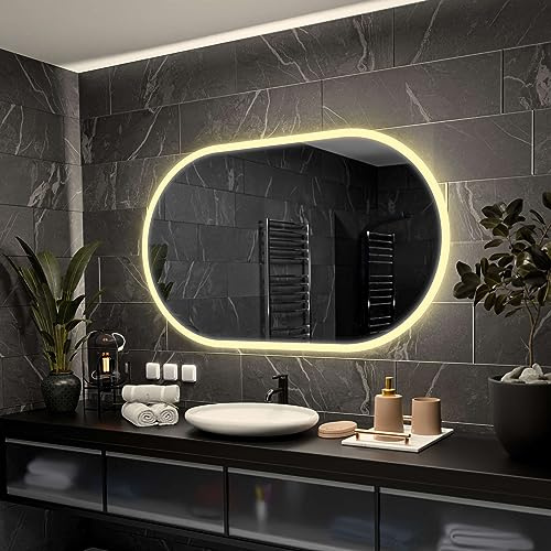 Alasta Hamburg Spiegel Gerundet mit Licht 160x70 cm WarmWeiß Badezimmer Spiegel mit Beleuchtung LED Badspiegel Wandspiegel Badezimmerspiegel mit Beleuchtung