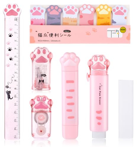 TIESOME Niedliches Katzenpfoten Briefpapier Set, 7 teilig, Kawaii Cartoon Schulbedarf inklusive Spitzer einziehbarer Radiergummi Korrekturband Haftnotizen Lineal Radiergummi Ersatzkern