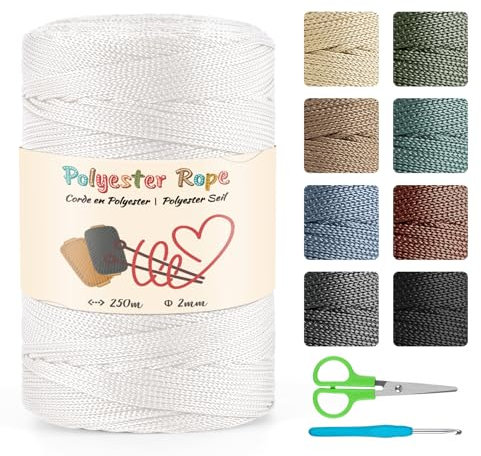 Makramee 2 mm 250 Meter Polyesterschnur, 100% Polypropylen Makramee-Kordel, 4 mm Häkeltasche Kordel Makramee Seil Häkelgarn Geschenk für Strickwaren - Weiß