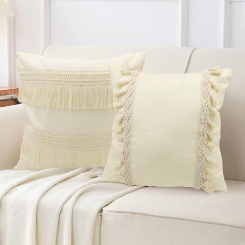 LUKDUNG 2 Stück Kissenbezug Boho, Quaste Kissenbezug 45x45cm, Boho Kissenhülle Weicher Dekorative, Lendenkissen Bettkissenbezug Kissen Deko für Sofa Beige