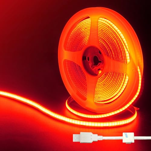 Clearhill 5V USB COB LED Strip Lights,16.4FT/5M,Red,320LEDs/M,8mm Width,Not Waterproof IP20,1M USB Cable,Flexible LED Tape Light for DIY Home Indoor Decoration
