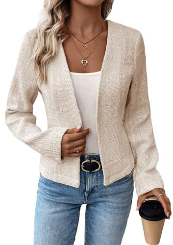 Damen 2024 Herbst Tweed Blazer Kragenlos Open Front Cardigan Voll Gefüttert Elegant Tailliert Mode Casual Arbeitsjacke Anzug, Beige-3, L/XL