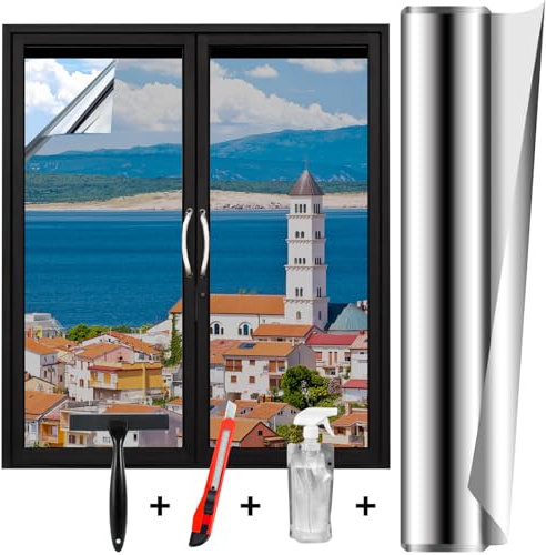 Joycabin Sonnenschutzfolie Fenster Sichtschutz, 60 x 500cm UV Schutz Spiegelfolie, Selbstklebend Eflektierende Fensterfolie Wärmeisolierung Sonnenschutzfolie Fenster innen oder außen (Silber)