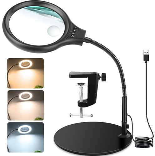 JUOIFIP 10X Lupe mit Licht und Ständer, 2-in-1 Schreibtischlampe und Klemme | Lupenlampe für Lesen Basteln Juweliere Modellbau, Lupenleuchte mit 3 Farbmodi 10 Helligkeitsstufen, Hände Frei