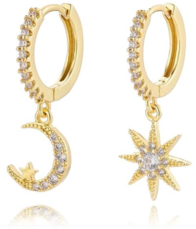 925 Sterling Silber Creolen Ohrringe mit Anhänger, Asymmetrische Stern Mond Funkelnde CZ Tropfen Ohrringe für Damen, Hypoallergen 14K Vergoldet Kleine Schlafen Knorpel Ohrringe Schmuck Geschenk