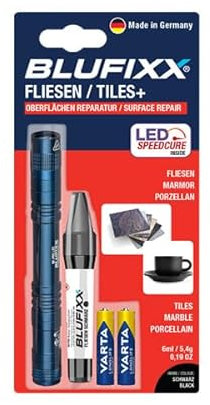 BLUFIXX-Pro Set Fliesen Weiß - PRO-EDITION 2024 - Reparaturstift für Fliesen, Granit und Marmor, Repariert Bohrlöcher, Risse und abgeplatzte Kanten, Lichthärtendes Gel mit LED Licht