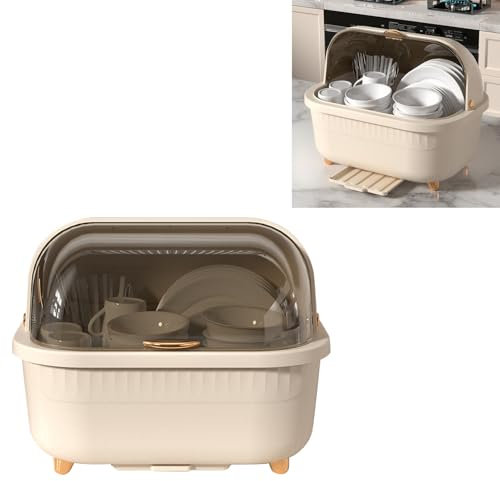 Escurridor de Platos, Caja Multifunción de Ahorro con Tapa, Escurridor de Platos de Plástico, Escurridor para Accesorios de Cocina, Albaricoque L (Albaricoque M)