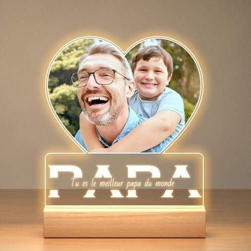Bulaient Cadeau Noel Papa Personnalisé, Cadre Photo Personnalisé avec Photo, Plaque Acrylique Personnalisée avec Veilleuse, Idee Cadeau Anniversaire Papa Original, Cadeau Personnalisé pour Papa