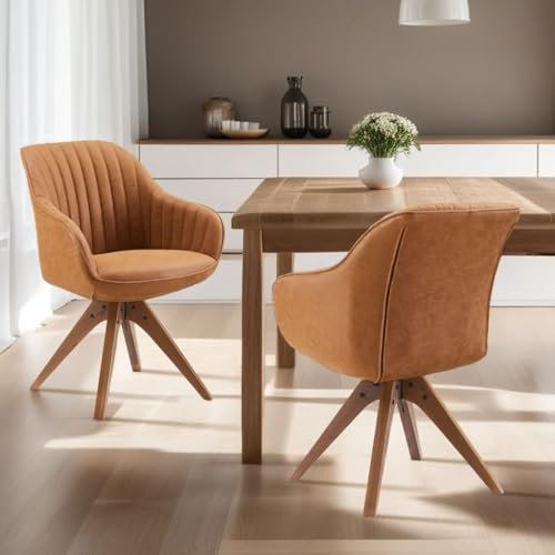Zouron Esszimmerstühle 2er Set Braun, Drehstuhl Sessel Braun Kunstleder Polsterstuhl Armlehnstuhl Küchenstuhl Massivholzbeine Sitzfläche 42x43cm (Braun-Massivholzbeine-2 pcs)