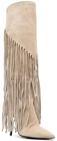 Stivali Alti Fino al Ginocchio con Tacco a Spillo e Frange per Donna Stivali Alti Sexy con Punta affilata e Tacco Alto Classici Stivali Alti Fino al Ginocchio con Nappe,Beige,37 EU