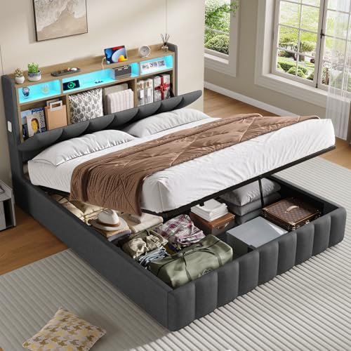 KIMENICH Bett mit LED Beleuchtung, Hydraulisches Bett 140 x 190 cm, Polsterbett, Regalkopfteil mit Stauraum, Bettgestell mit Lattenrost, bequem, für Schlafzimmer, Gästezimmer, Leinenstoff grau