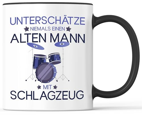Tasse mit Spruch Alter Mann mit Schlagzeug Becher Drummer Drums Schlagzeuger Drumsticks - lustiges Geschenk - Kaffeebecher als Geschenkidee - Kaffeetasse 330ml - Weiss-Schwarz