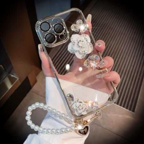 Altartar Coque de protection pour iPhone 12, avec perles, cordon tour de cou pour filles et femmes, en silicone souple transparent transparent 3D, fleurs en cristal argenté