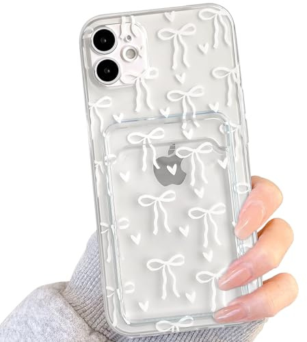 NITITOP Compatible with iPhone 12 Mini Case Clear with Card Holder Cute Bowknot Ribbon Heart Pattern for Women Girls Bow Soft TPU Shock-absorbing Wallet Case Protective Cover - White