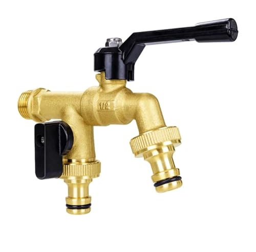VCSZYAFX Rubinetto da Giardino Esterno 1 Ingresso 2 uscite 1/2*3/4*3/4 Rubinetto dell'Acqua in Ottone con Maniglia Nera for irrigazione Lavatrice per Giardino, Lavatrice