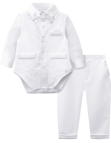 mintgreen Baby Boy Suit, Wedding Bodysuit Waitcoat Gentleman Long Sleeve Clothes Set, Pure White, 12-18 Months, 90