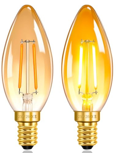 SCNNC C35 E14 LED Vintage Edison Candle Light Bulb 2W Amber 220V Warm White 2200K, 20W Equivalent Non-Dimmable, LED Filament Candle SES E14 C35 Orange for Chandeliers, Pack of 2