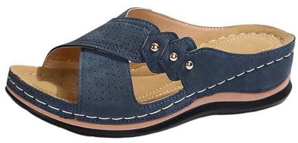 Patschen Chaussures d'été confortables pour femme - Sandales romaines compensées - Sandales d'été - Chaussons orthopédiques - Chaussures à talons pour femme - Mocassins larges, Marine, 39 EU