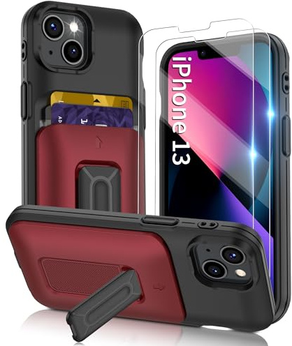 Gritup for iPhone 13 Phone Case with Cards Slot Sliding Cover,Heavy Duty Shockproof Protective [Kickstand] [2X HD Screen Protectors],iPhone 13-Red