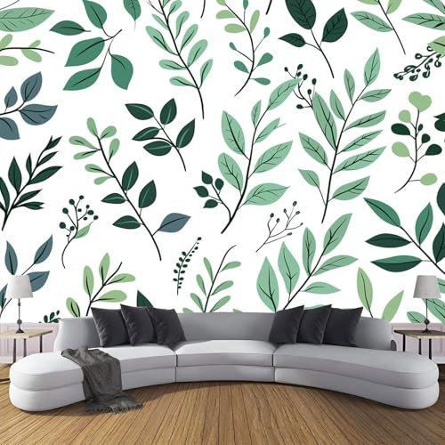 Papier Peint Tissu de Soie Feuilles Vertes Branches, ‎150x105cm Peinture Murale 3D, Peintes À La Main Tapisserie Photo Vert clair Tableaux Muraux, Salon Chambre Bureau Couloir Murale Décoration