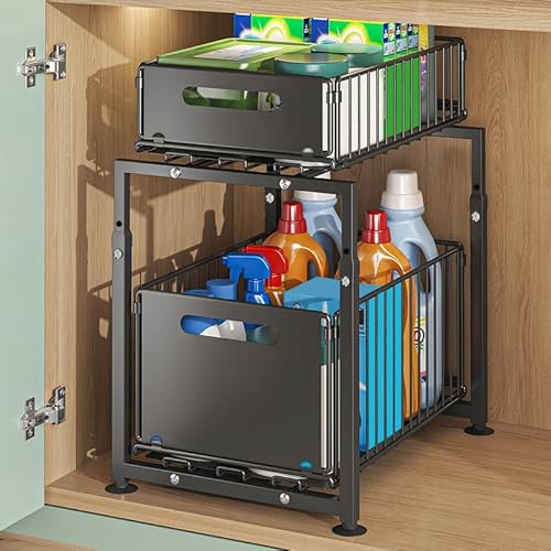 Organiseur Sous évier à 2Niveaux en Acier au Carbone avec Tiroir Coulissant | Étagère de Rangement Coulissante avec Tiroir, Hauteur Réglable, Rangement gain de Place pour Cuisine et Salle de Bain