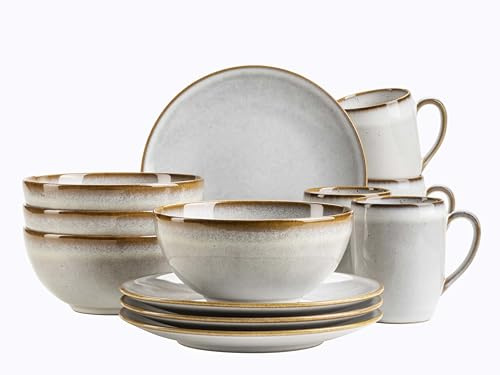 Mäser Serie Smokys Geschirr-Set für 4 Personen, 12 teiliges Frühstückset im Scandi Look, Steinzeug, weiß