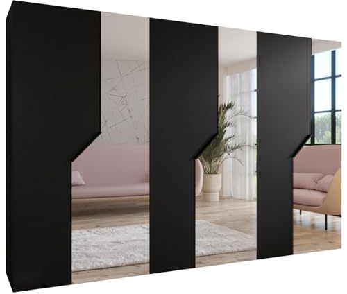 MEBLE KRYSPOL - Kleiderschrank - Garderobenschrank - 300 cm x 202 x 52 cm - Schrank mit Kleiderstange und Spiegel, 6 Türen - für Schlafzimmer, Flur - Andrew, Schwarz, Griff Schwarz