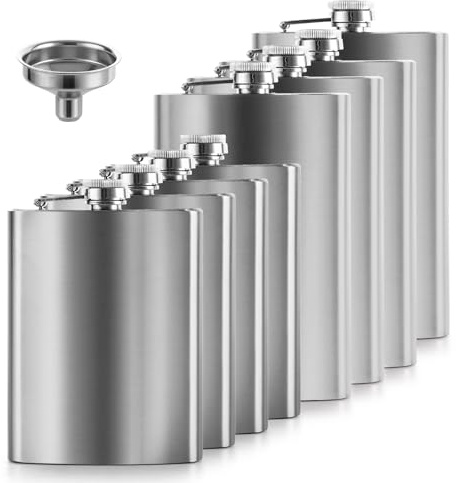 LDXDRU 8PCS Hip Flasks for Men, 8/10oz Stainless Steel Hip Flask, Silver | Leakproof Whiskey Flask Set for Men and Women, Portable Alcohol Flasks for Fishing, Hiking and Gifts
