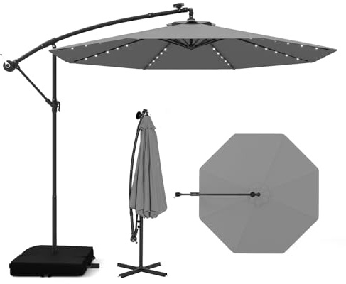 COSTWAY Sombrilla Terraza Exterior con Base, Parasol Excentrico con 40 Luces LED, Sombrilla Jardin Inclinable con Manivela, Patio Jardín Terraza (Gray, 250 x 250 cm)