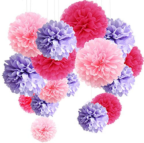 15er Set Pompoms Deko Bunt Seidenpapier Pompons für Hochzeit, Geburtstag, Party Lila Rosa Rot (3pcs*30.5cm/6pcs*25cm/6pcs*15.5cm)