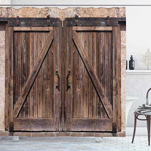 ABAKUHAUS Rustique Rideau de Douche, Photo Porte Grange en Bois, Tissu Ensemble de Décor de Salle de Bain avec Crochets, 175 cm x 220 cm, Beige