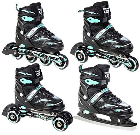 CROXER Optima 4in1 Inline Skates Triskates Rollschuhe Schlittschuhe Inliner für Kinder Erwachsene verstellbar (Black/Mint, 35-38 (21cm-23cm))