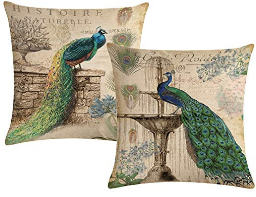 ULOVE LOVE YOURSELF 2er-Pack Pfauen-Kissenbezüge nur dekorative quadratische Kissenbezüge Baumwolle Leinen Kissenbezug 45,7 x 45,7 cm (Pfau)