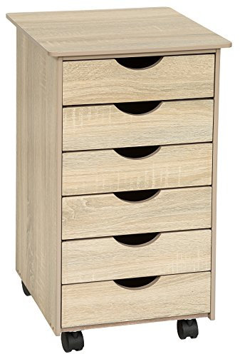 tectake® Rollcontainer mit Schubladen, Schubladenschrank 6x Schublade, mit Rollen, Büro Organizer, Schreibtisch Schrank, Rollwagen Unterschrank, Aufbewahrungsschrank Office - Holz hell, Eiche Sonoma