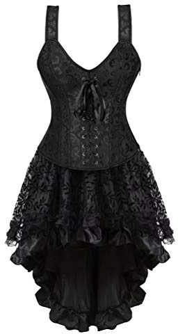 Korsett Kleid Vollbrust Rock Corsage mit träger Corsagenkleid Lang Spitenrock Petticoat Burlesque Schwarz 6XL
