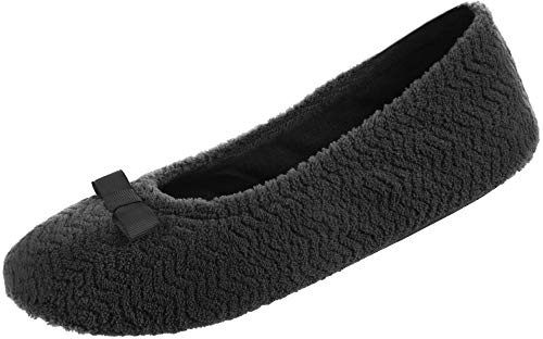 Isotoner Women's Diamond Chevron Microterry Gemma Ballerina Slippers with Memory Foam Comfort and Non-Slip Sole Ballet Flat, Black, 9.5/10 UK
