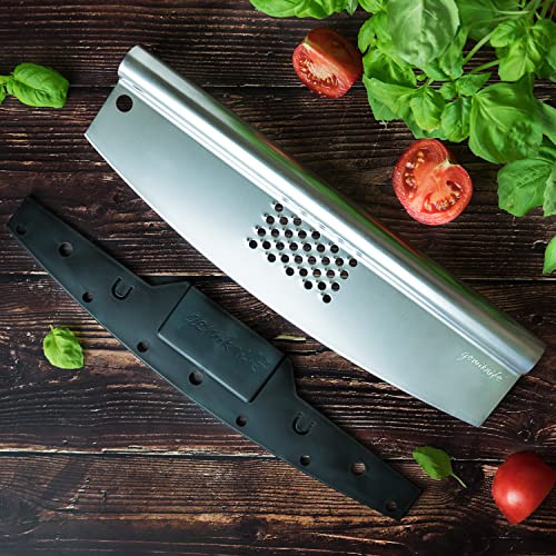 gemiknife Pizza Cutter Plus. Premium 14” Sharp Rocker Slicer + Built In Cheese Grater. Thick & Sturdy Stainless Steel Blade + Centered Handle + Protective Knife Cover + Dishwasher Safe.