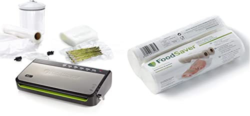FoodSaver FFS005X-01 Envasadora al vacío, 140 W, Acero Inoxidable, Plata y negro + 2001 FSR2002-I envasado al vacío, 2 Rollos de 20 x 6.70 cm, 20 cm x 6.7 m