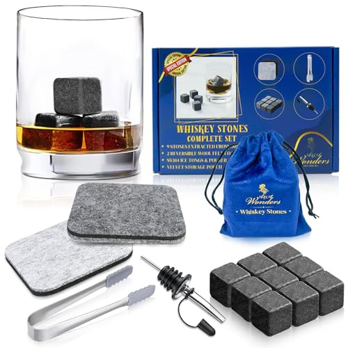 A&A Wonders Premium Whiskey Stones 100% Natural Granite Set of 9 Chilling Rocks Stone Reusable Ice Cubes for Drinks with Velvet Carrying Pouch, Gift for Whiskey Lovers (9 Cubes)