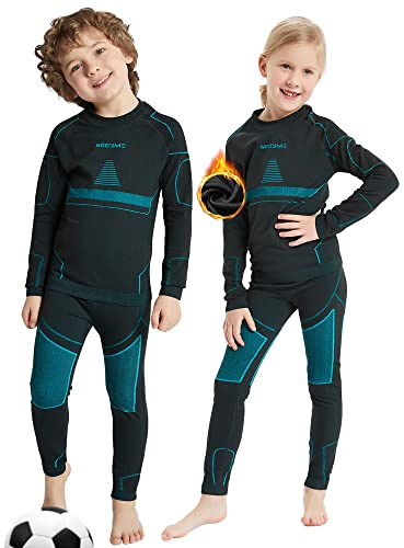 NOOYME Funktionsunterwäsche Kinder Skiunterwäsche Thermounterwäsche Atmungsaktiv & Hautfreundlich Sportunterwäsche Fussball, Schwarz-Hellblau (110/116) 110-115cm