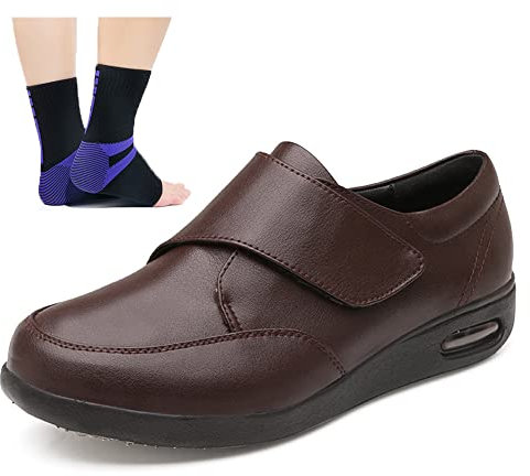 Men's Edema Leather Shoes Orthopedic Diabetic Shoes Adjustable Air Cushion Walking Shoes Elderly Arthritis Edema Swollen Slippers Foot and Heel Pain Relief Shoes,Brown,40.5EU