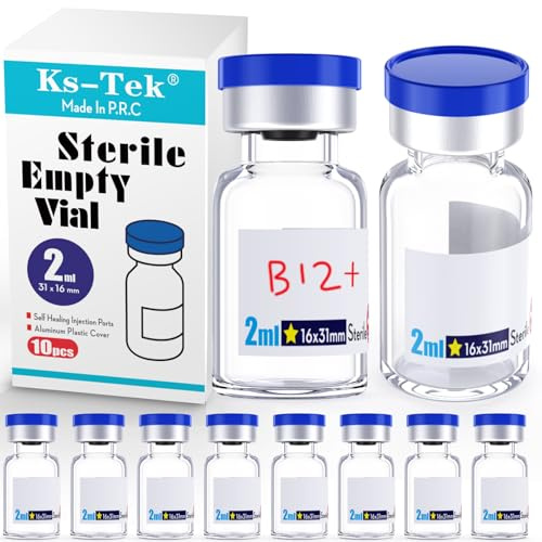 Ks-Tek Sterile Empty Vials with Self Healing Injection Port,with Aluminum Plastic Cap,Sterile Package (2ml Clear,10)