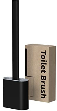 FIYSON Brosse WC Silicone Plate- Brosse Toilette et Supports, Anti-Goutte, Antibactérienne, Balayette WC Ventilée, Séchage Rapide sans Odeur, Balai WC Montage Mural/au Sol, Salle de Bain et WC (Noir)
